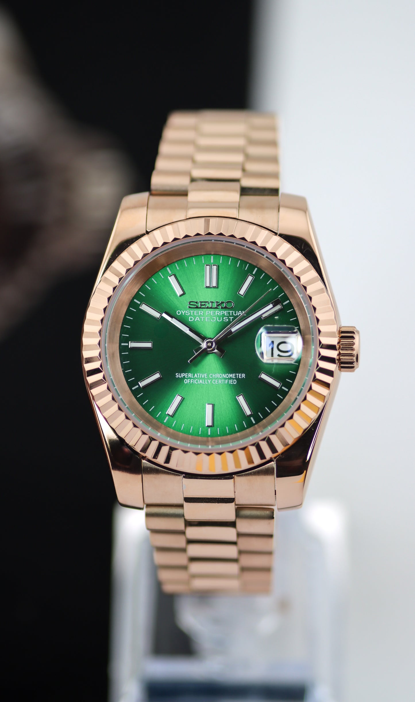 Seiko Rose Gold Emerald Oyster Perpetual President Mod