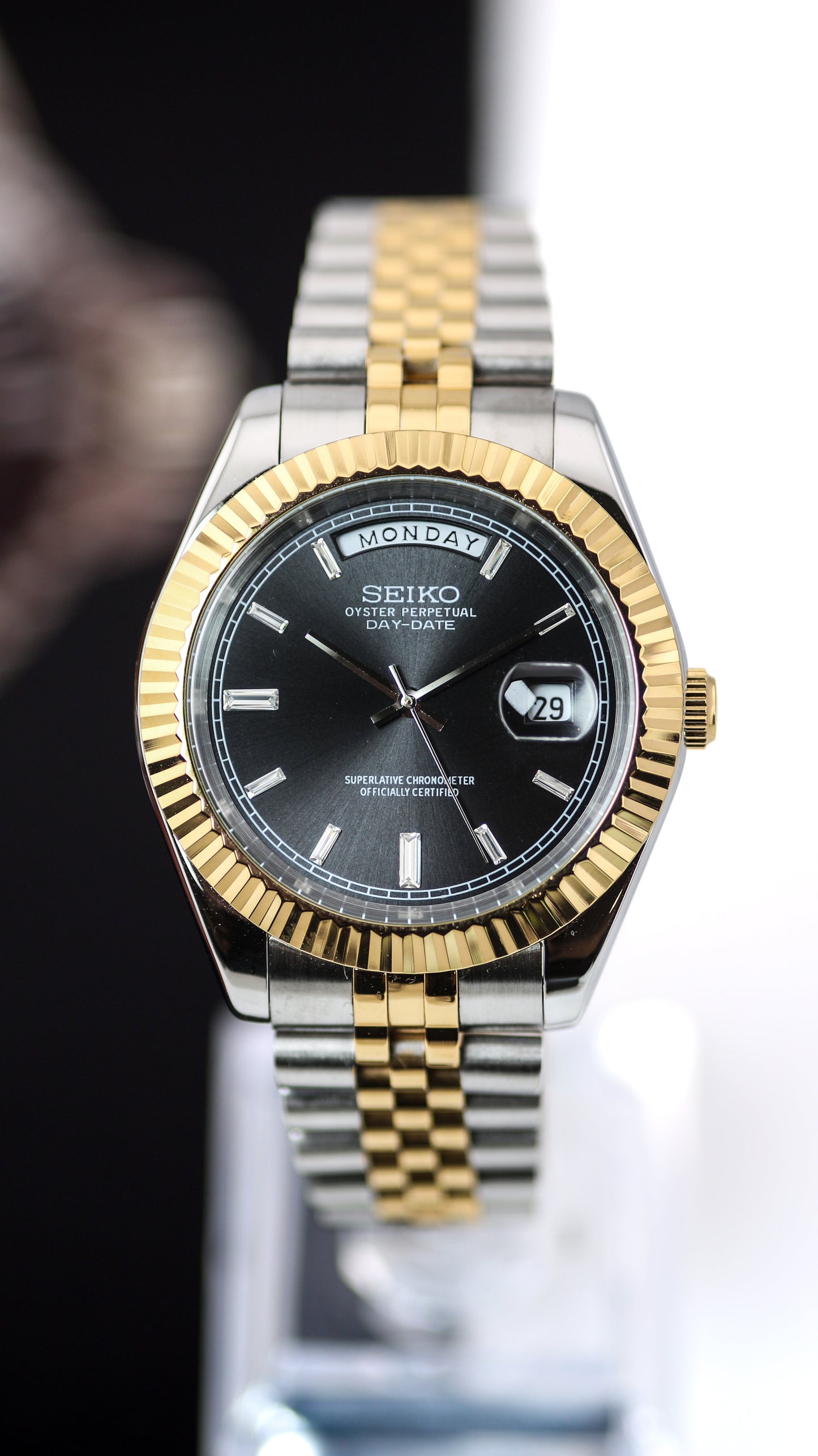 Seiko Two-Tone Day-Date Black Baguette Dial Mod