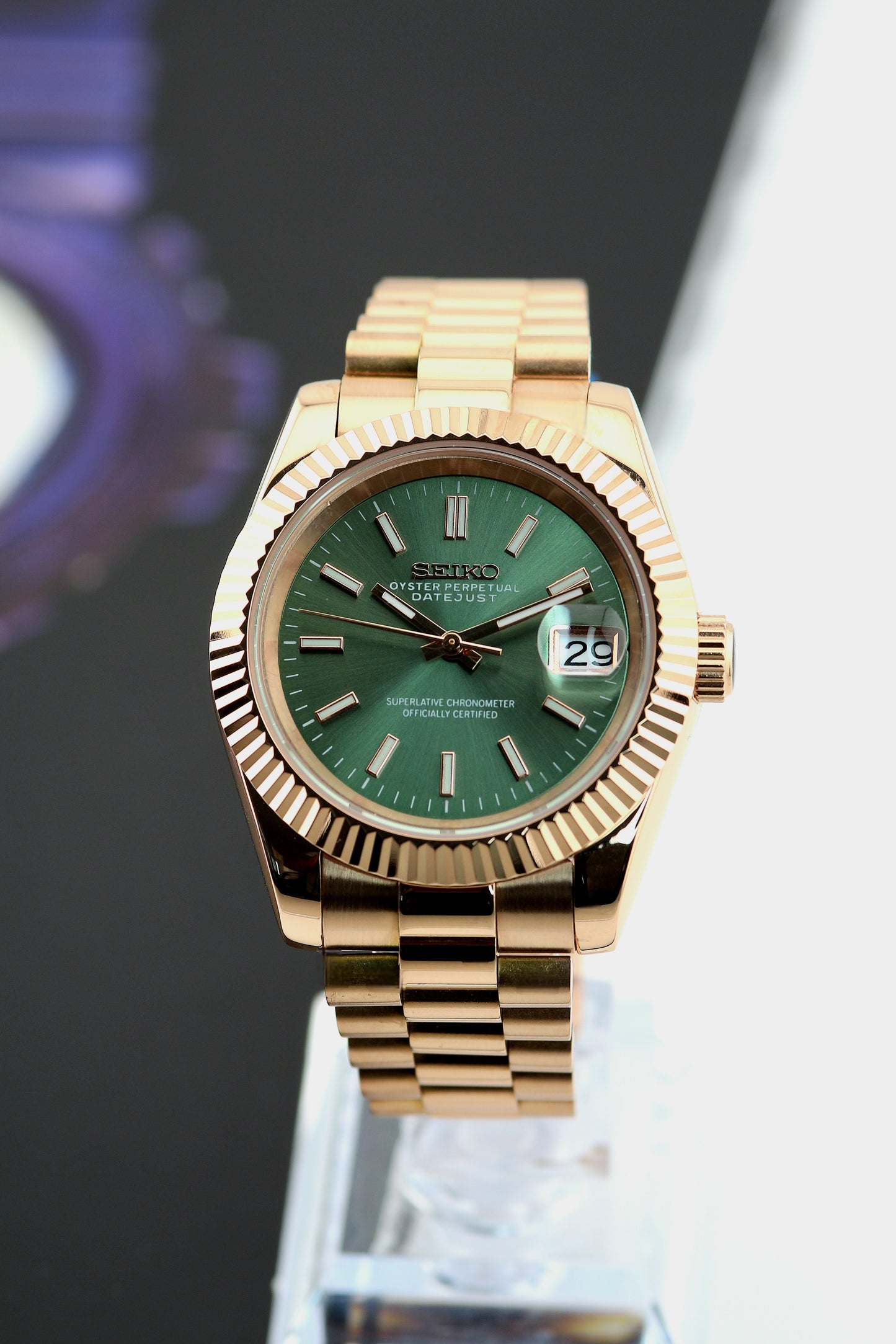 Seiko Rose Gold Olive Green Dial Datejust Mod