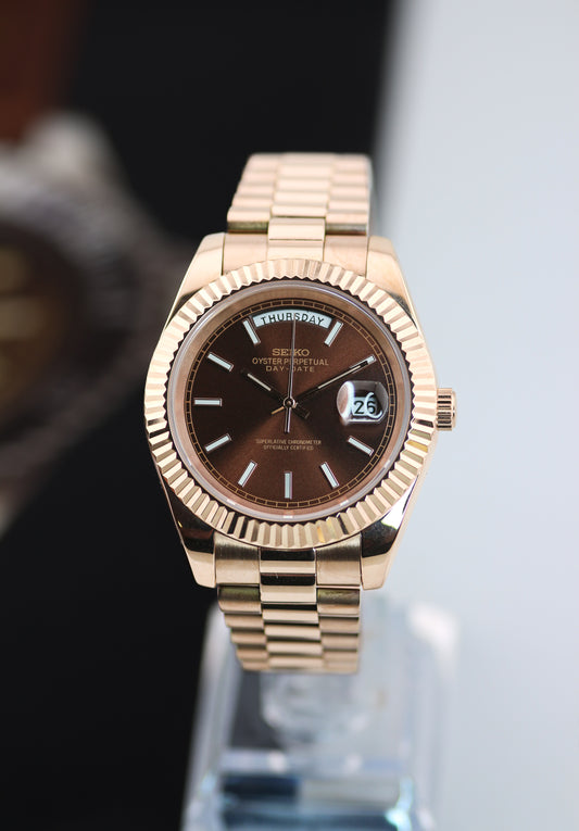 Seiko Rose Gold Wide Day-Date Chocolate Dial Mod