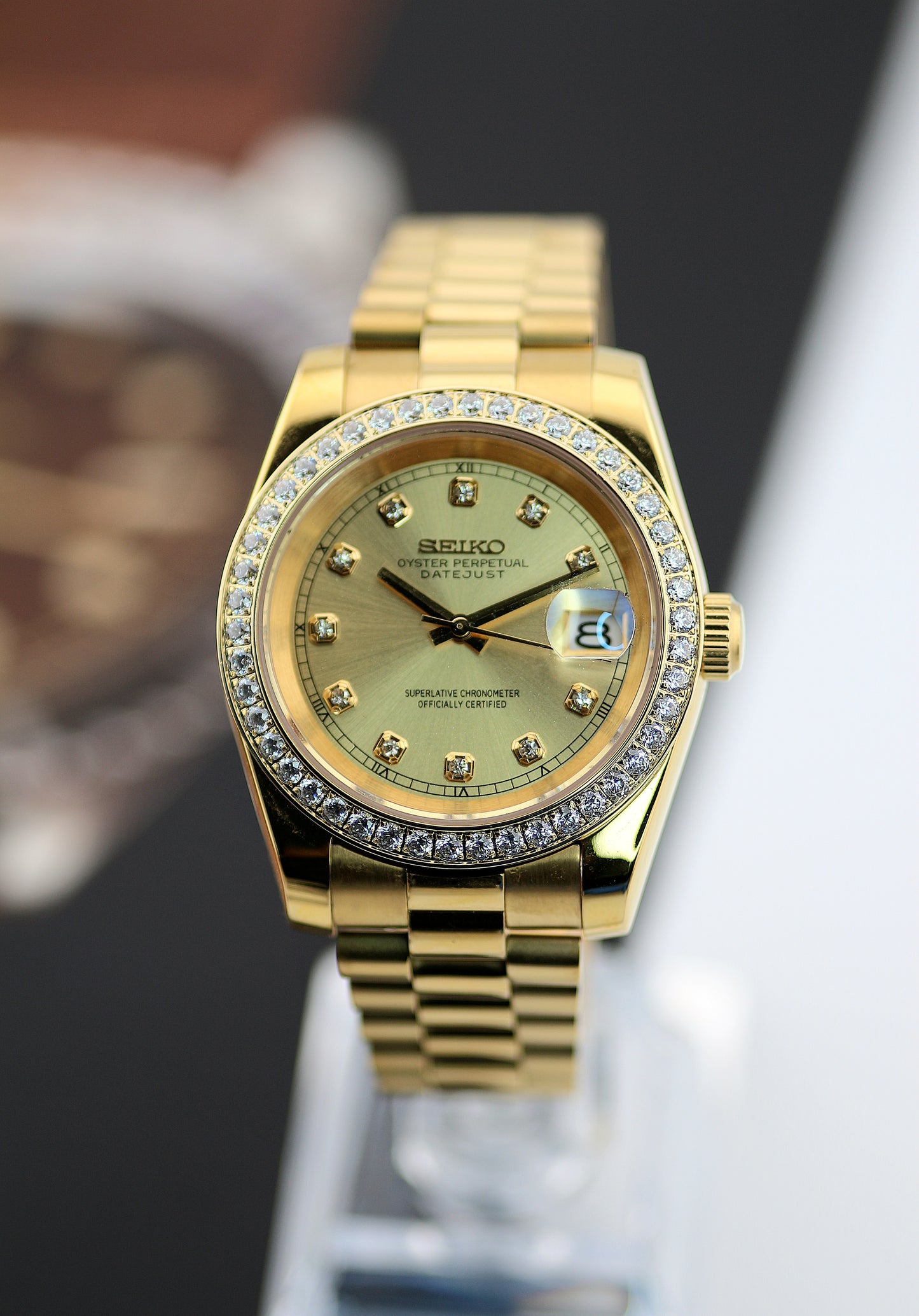 Seiko Diamond Bezel Gold Gem Dial President Mod