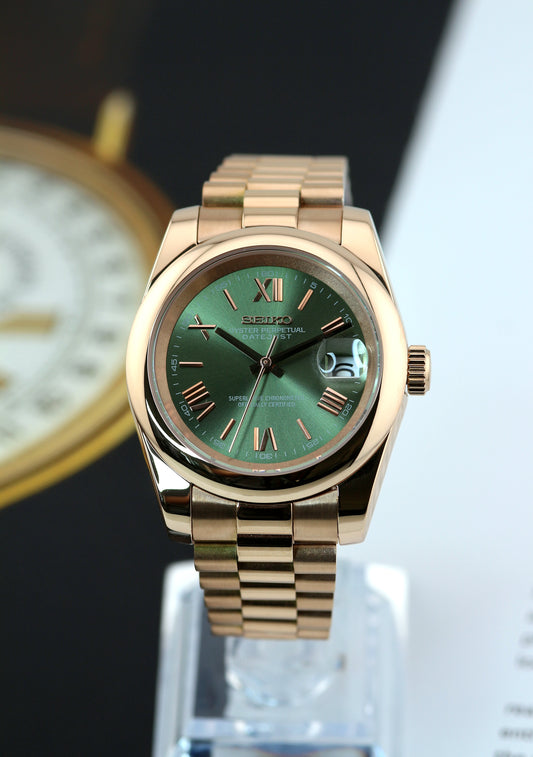 Seiko Rose Gold Olive Green Roman Numeral Mod