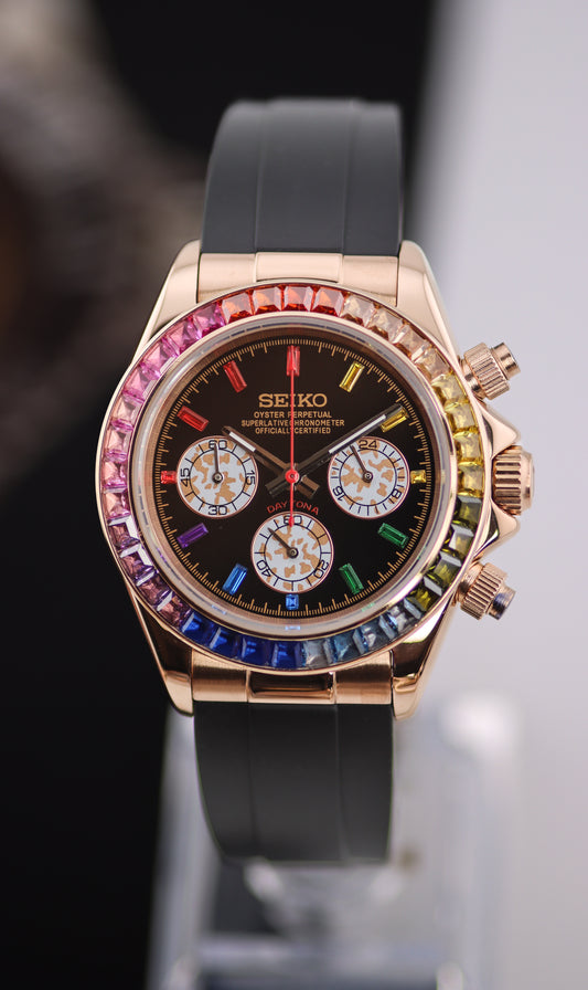 Seitona Rose Gold Rainbow Bezel Gem Dial Daytona Mod (Oysterflex Strap)