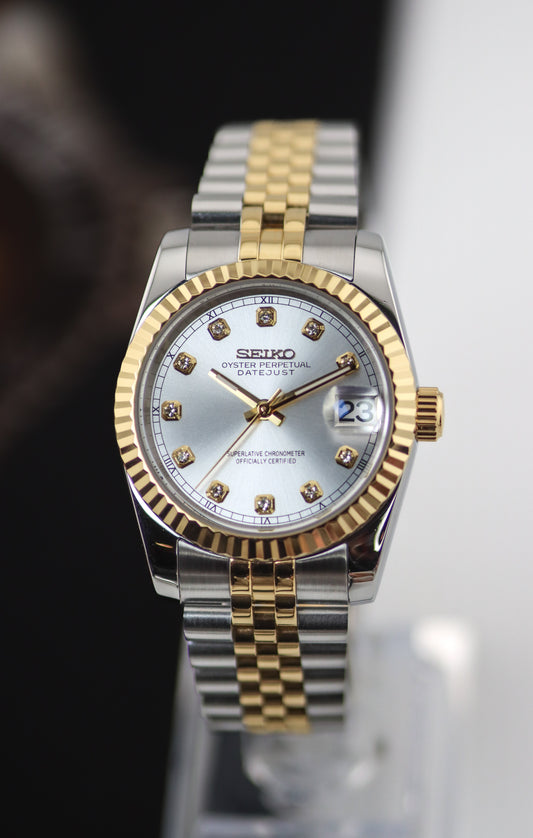 Seiko Two-Tone Gold Datejust Silver Gem Dial Mod