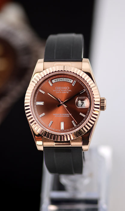 Seiko Rose Gold Day-Date Chocolate Baguette Dial Mod (Oysterflex Strap)