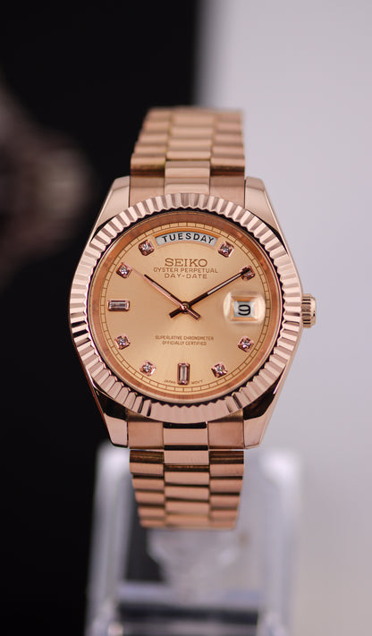 Seiko Rose Gold Day-Date Salmon Baguette Dial Mod