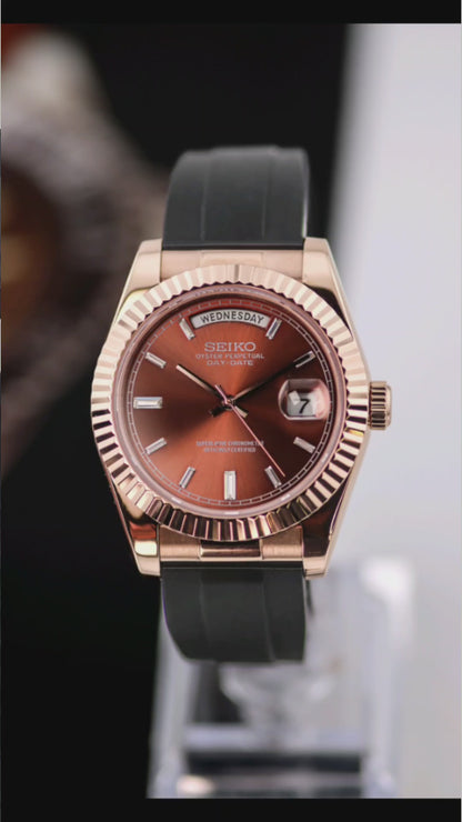 Seiko Rose Gold Day-Date Chocolate Baguette Dial Mod (Oysterflex Strap)