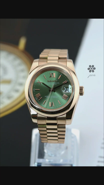 Seiko Rose Gold Olive Green Roman Numeral Mod