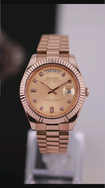 Seiko Rose Gold Day-Date Salmon Baguette Dial Mod