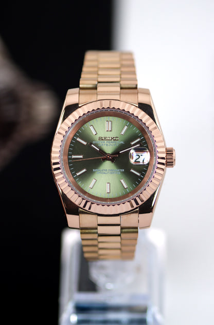 Seiko Rose Gold Olive Green Dial Datejust Mod