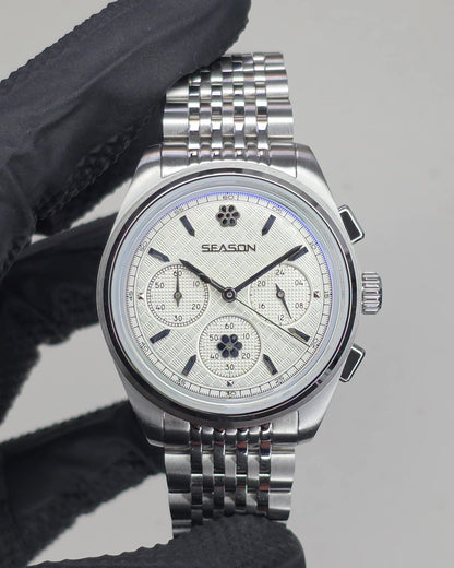 Season #2 Silver Snow dial detail, daisy at 12 o'clock and on the running seconds subdial