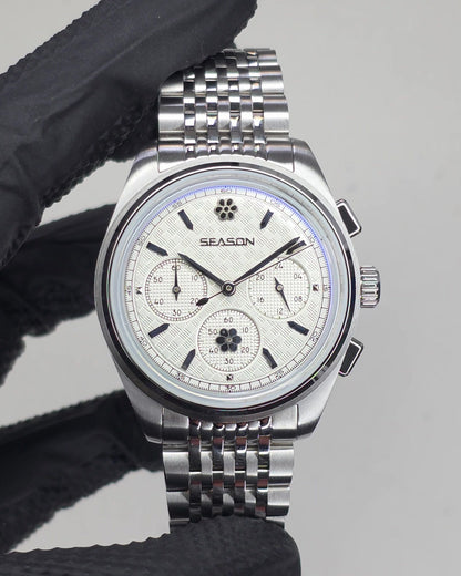 Season #2 Silver Snow mecaquartz chronograph, white guilloche dial, front view