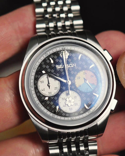 Season #2 Trinity mecaquartz chronograph, black guilloche dial with tri-colored subdials
